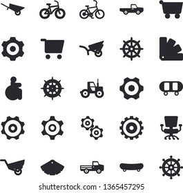 Solid vector icon set - wheelbarrow flat vector, cogwheel, color scheme, pickup truck, tractor, garden, grocery trolley, disabled, office chair, skateboard, bicycle, fector, steering wheel