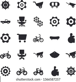 Solid vector icon set - wheelbarrow flat vector, cogwheel, color scheme, pickup truck, tractor, garden, grocery trolley, disabled, office chair, skateboard, bicycle, steering wheel