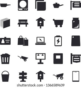 Solid vector icon set - wheelbarrow flat vector, saute, weighing machine, cutting board, nesting box, bucketful, bench, battery, glass bottles, grocery trolley, signboard, billboard, bags, badge