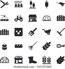 Solid vector icon set - wheelbarrow flat vector, ear, grain warehouse, tractor, sprinkling machine, pitchfork, fence, secateurs, rake, garden, gumboots, seedlings, greenhouse, fertilizer vectory