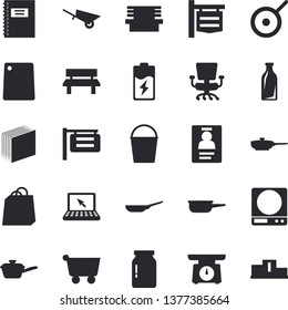 Solid vector icon set - wheelbarrow flat vector, frying pan, saute, teflon, weighing machine, cutting board, glass jar, bucketful, bench, battery, bottles, grocery trolley, signboard, bags, badge