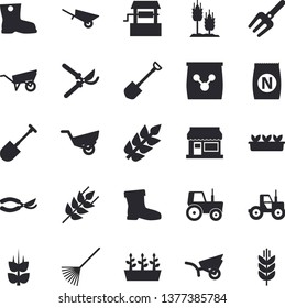Solid vector icon set - wheelbarrow flat vector, ear, fertilizer vectory, well, grain warehouse, tractor, pitchfork, shovel, secateurs, rake, garden, gumboots, seedlings, spike
