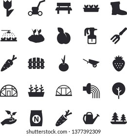 Solid vector icon set - wheelbarrow flat vector, onion, Strawberry, plum, fertilizer vectory, carrot, tree, pulverizer, sprinkling machine, pitchfork, fence, seedlings, watering can, planting plants