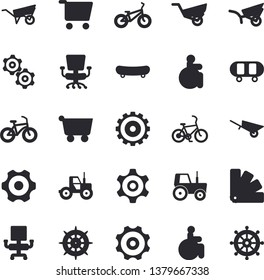 Solid vector icon set - wheelbarrow flat vector, cogwheel, color scheme, tractor, garden, grocery trolley, disabled, office chair, skateboard, bicycle, fector, steering wheel