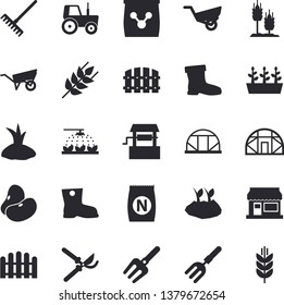 Solid vector icon set - wheelbarrow flat vector, ear, legumes, fertilizer vectory, well, grain warehouse, tractor, sprinkling machine, pitchfork, fence, secateurs, rake, planting plants, garden