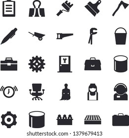 Solid vector icon set - wheelbarrow flat vector, cogwheel, tool, bag, paint roller, putty knife, brick, ax, saw, brush, bucketful, pipe production, telephone operator, nurse, clipboard, briefcase