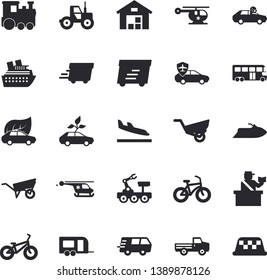 Solid vector icon set - wheelbarrow flat vector, pickup truck, tractor, garden, eco cars, autopilot, trucking, express delivery, warehouse, helicopter, lunar rover, bicycle, train fector, trailer