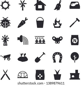 Solid vector icon set - wheelbarrow flat vector, ax, seeds, windmill, fertilizer vectory, home plant, carrot, tree, ladybird, horseshoe, sprinkling machine, shovel, paint brush, bucketful, house