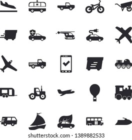 Solid vector icon set - wheelbarrow flat vector, pickup truck, tractor, eco cars, electric, autopilot, trucking, express delivery, sailboat, ambulance, helicopter, lunar rover, bicycle, train, bus