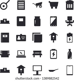 Solid vector icon set - wheelbarrow flat vector, frying pan, teflon, glass jar, nesting box, bench, battery, bottles, grocery trolley, billboard, badge, office chair, sticker, laptop, notepad