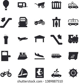 Solid vector icon set - wheelbarrow flat vector, refueling, accumulator, eco cars, warehouse, express delivery, sailboat, ambulance, bicycle, aircraft fector, train, trailer, escalator, motorcycle