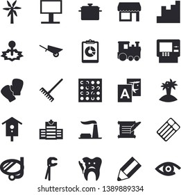 Solid vector icon set - wheelbarrow flat vector, tool, saucepan, windmill, nesting box, rake, factory, laser, billboard, graphic report, chart, broken tooth, pencil, hostory roll, electronic circuit