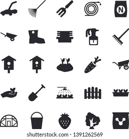 Solid vector icon set - wheelbarrow flat vector, Strawberry, fertilizer vectory, nesting box, carrot, tree, pulverizer, sprinkling machine, pitchfork, shovel, hose, fence, seedlings, rake, bucketful