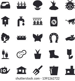 Solid vector icon set - wheelbarrow flat vector, mushroom, ear, fertilizer vector, nesting box, home plant, tree, ladybird, horseshoe, sprinkling machine, pitchfork, seedlings, watering can, tulip