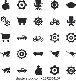 Solid vector icon set - wheelbarrow flat vector, cogwheel, color scheme, pickup truck, tractor, garden, grocery trolley, disabled, office chair, skateboard, bicycle fector, steering wheel