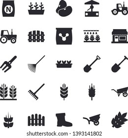 Solid vector icon set - wheelbarrow flat vector, legumes, ear, fertilizer vectory, well, grain warehouse, tractor, sprinkling machine, pitchfork, shovel, fence, rake, garden, gumboots, seedlings