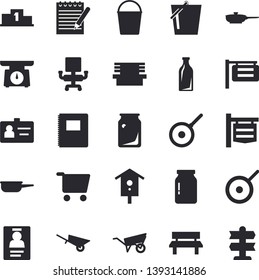 Solid vector icon set - wheelbarrow flat vector, frying pan, saute, teflon, weighing machine, glass jar, nesting box, bucketful, bench, bottles, grocery trolley, signboard, badge, office chair