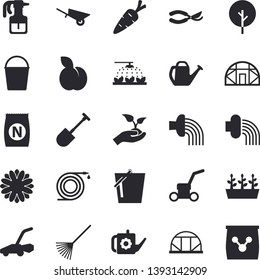 Solid vector icon set - wheelbarrow flat vector, plum, fertilizer vectory, carrot, tree, flower, pulverizer, sprinkling machine, shovel, hose, secateurs, seedlings, rake, watering can, bucketful