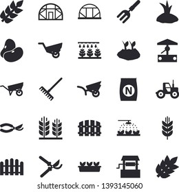 Solid vector icon set - wheelbarrow flat vector, legumes, fertilizer vectory, well, tractor, sprinkling machine, pitchfork, fence, secateurs, rake, planting plants, garden, seedlings, greenhouse