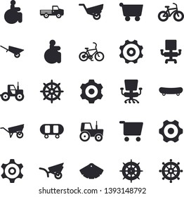 Solid vector icon set - wheelbarrow flat vector, cogwheel, color scheme, pickup truck, tractor, garden, grocery trolley, disabled, office chair, skateboard, bicycle, fector, steering wheel