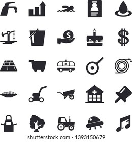 Solid Vector Icon Set - Wheelbarrow Flat Vector, Flooring, Faucet, Teflon, Apron, Spaghetti, Cake, Tree, Tractor, Hose, Bucketful, Lawn Mower, Oil Pumping, Drop, Dollar, Investments, Hospital, Badge