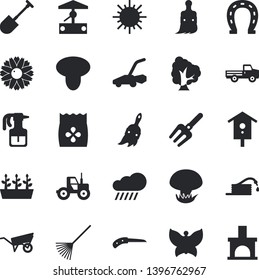 Solid vector icon set - wheelbarrow flat vector, mushroom, seeds, well, nesting box, pickup truck, tree, flower, pulverizer, horseshoe, tractor, pitchfork, shovel, hose, knife, paint brush, rake