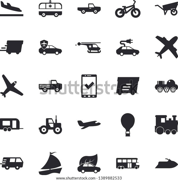 Solid vector icon set - wheelbarrow flat vector,
pickup truck, tractor, eco cars, electric, autopilot, trucking,
express delivery, sailboat, ambulance, helicopter, lunar rover,
bicycle, train, bus