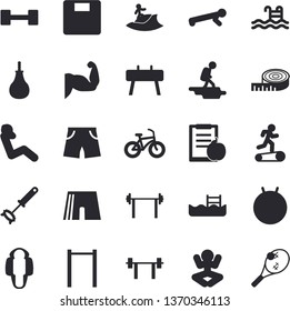 Solid vector icon set - whisk flat vector, dumbbell, barbell, diet, weighing machine, centimeter, muscles, bicycle, parallel bars, sports equipment horse, pear, athletic shorts, fitball, yoga, pool