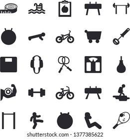 Solid vector icon set - whisk flat vector, grocery trolley, dumbbell, barbell, diet, weighing machine, centimeter, muscles, bicycle, skipping rope, parallel bars, sports equipment horse, pear, pool