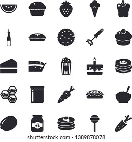 Solid vector icon set - whisk flat vector, sauce, lemon, pancakes, watermelon, cupcake, piece of cake, porridge, pie, lollipop, bell pepper, popcorn, ice cream, jam, Strawberry, honeycomb, biscuit