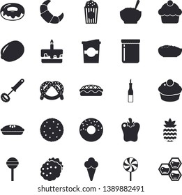 Solid vector icon set - whisk flat vector, sauce, lemon, biscuit, bagel, croissant, cake, cupcake, donut, porridge, pie, lollipop, bell pepper, popcorn, ice cream, coffe, jam, blackberry, pineapple