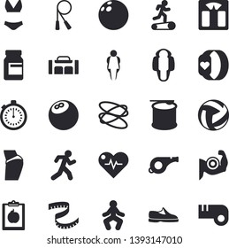 Solid vector icon set - whistle flat vector, sneakers, bowling ball, volleyball, heartbeat, diet, weighing machine, centimeter, muscles, buttocks, vitamins, stopwatch, skipping rope, swimsuit, run