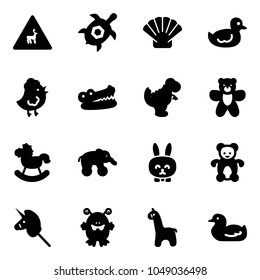 Solid vector icon set - wild animals vector road sign, sea turtle, shell, duck toy, chicken, crocodile, dinosaur, bear, rocking horse, elephant wheel, rabbit, unicorn stick, monster, giraffe