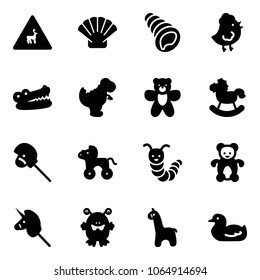 Solid vector icon set - wild animals vector road sign, shell, chicken toy, crocodile, dinosaur, bear, rocking horse, stick, wheel, caterpillar, unicorn, monster, giraffe, duck