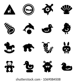Solid vector icon set - wild animals vector road sign, no cart horse, sea turtle, shell, dolphin, duck toy, chicken, rocking, elephant wheel, caterpillar, rabbit, bear, monster