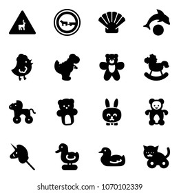 Solid vector icon set - wild animals vector road sign, no cart horse, shell, dolphin, chicken toy, dinosaur, bear, rocking, wheel, rabbit, unicorn stick, duck, cat