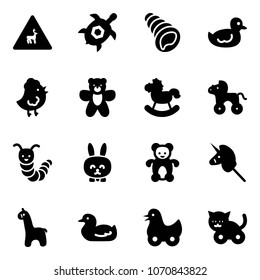 Solid vector icon set - wild animals vector road sign, sea turtle, shell, duck toy, chicken, bear, rocking horse, wheel, caterpillar, rabbit, unicorn stick, giraffe, cat