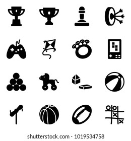 Solid vector icon set - win cup vector, gold, pawn, solution, joystick, kite, beanbag, game console, billiards balls, wheel horse, constructor blocks, beach ball, toy windmill, basketball, football