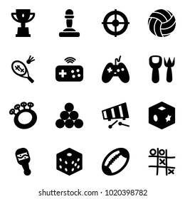 Solid vector icon set - win cup vector, pawn, target, volleyball, badminton, joystick wireless, shovel fork toy, beanbag, billiards balls, xylophone, cube, bones, football, Tic tac toe