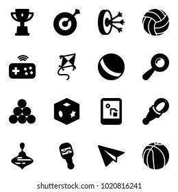 Solid vector icon set - win cup vector, target, solution, volleyball, joystick wireless, kite, ball, beanbag, billiards balls, cube toy, game console, wirligig, paper plane, basketball