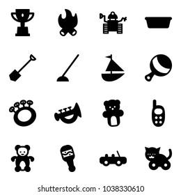 Solid vector icon set - win cup vector, fire, robot, basin, shovel, hoe, sailboat toy, beanbag, horn, bear, phone, car, cat