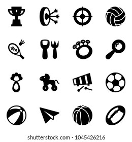 Solid vector icon set - win cup vector, solution, target, volleyball, badminton, shovel fork toy, beanbag, wheel horse, xylophone, soccer ball, beach, paper plane, basketball, football