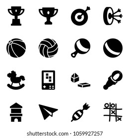 Solid vector icon set - win cup vector, gold, target, solution, ball, volleyball, beanbag, rocking horse, game console, constructor blocks, toy block house, paper plane, dart, Tic tac toe