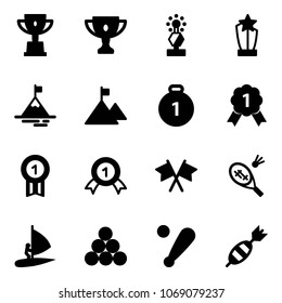 Solid vector icon set - win cup vector, gold, award, mountain, medal, flags cross, badminton, windsurfing, billiards balls, baseball bat, dart