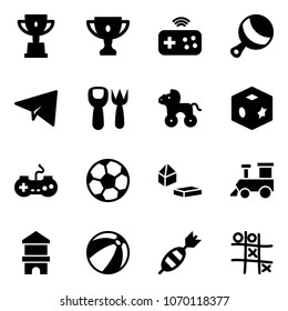 Solid vector icon set - win cup vector, gold, joystick wireless, beanbag, paper plane, shovel fork toy, wheel horse, cube, gamepad, soccer ball, constructor blocks, train, block house, beach, dart