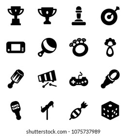 Solid vector icon set - win cup vector, gold, pawn, target, game console, beanbag, xylophone, gamepad, toy windmill, dart, bones