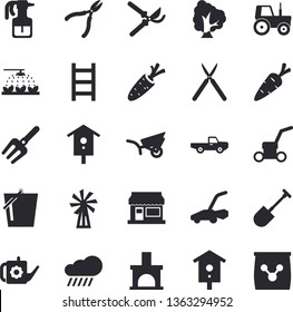 Solid vector icon set - windmill flat vector, nesting box, pickup truck, carrot, tree, pulverizer, grain warehouse, tractor, sprinkling machine, pitchfork, shovel, secateurs, watering can, bucketful