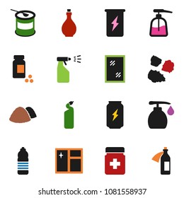 solid vector icon set - window cleaning vector, liquid soap, sprayer, agent, garbage pile, oil, pills vial, sports nutrition, enegry drink, water bottle, potion