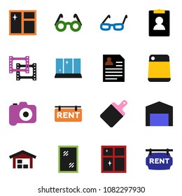 solid vector icon set - window cleaning vector, shining, cutting board, glasses, personal information, film frame, camera, barn, rent signboard