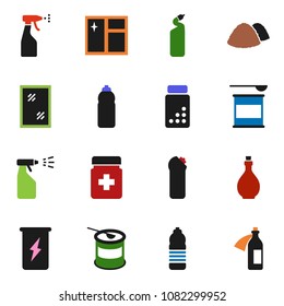solid vector icon set - window cleaning vector, sprayer, agent, garbage pile, oil, pills vial, sports nutrition, enegry drink, water bottle, potion